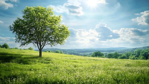 Lone tree on sunny green meadow under wide blue sky.