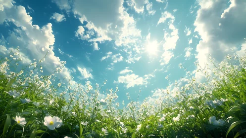 Blooming meadow stretches beneath radiant midday sky.