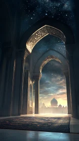Digital painting of celestial Islamic archway and domed skyline.