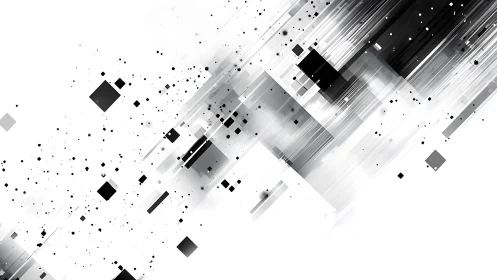 Abstract black and white geometric digital art with dynamic lines.