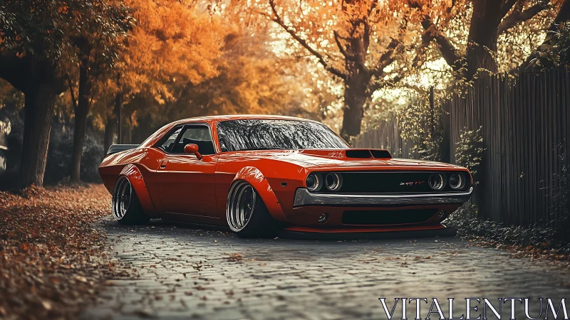 Widebody orange muscle car rendered on autumn forest road
