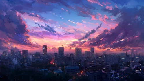 Vibrant digital skyline captures dusk-lit clouds over city