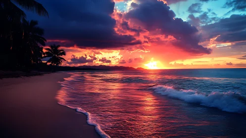 Sunset waves painting the shoreline in glowing tropical light.