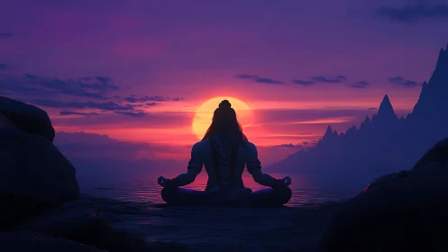 Sunset yogi dissolves into violet tides of mountain quiet.