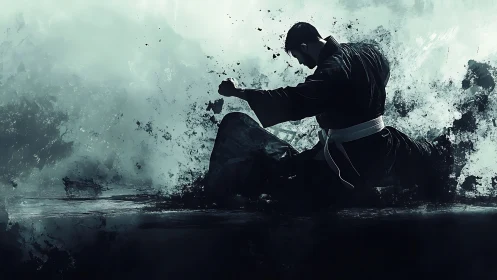 Martial artist shatters darkness in dynamic ink explosion.