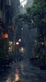 Photoreal rainy alleyway with lantern-lit bistro frontage.