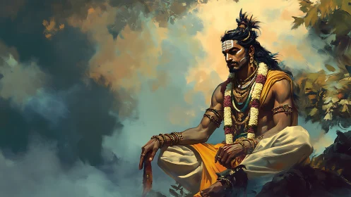 Meditative warrior sage sits in forest light, adorned with garlands