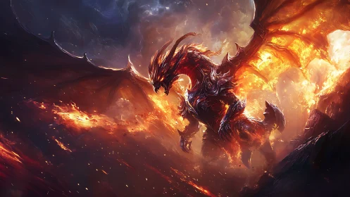 Blazing armored dragon soars through a storm of living fire