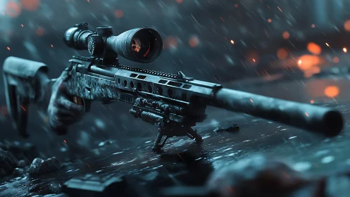 Sniper's Vigil: Rain-Soaked Optics & Firepower.