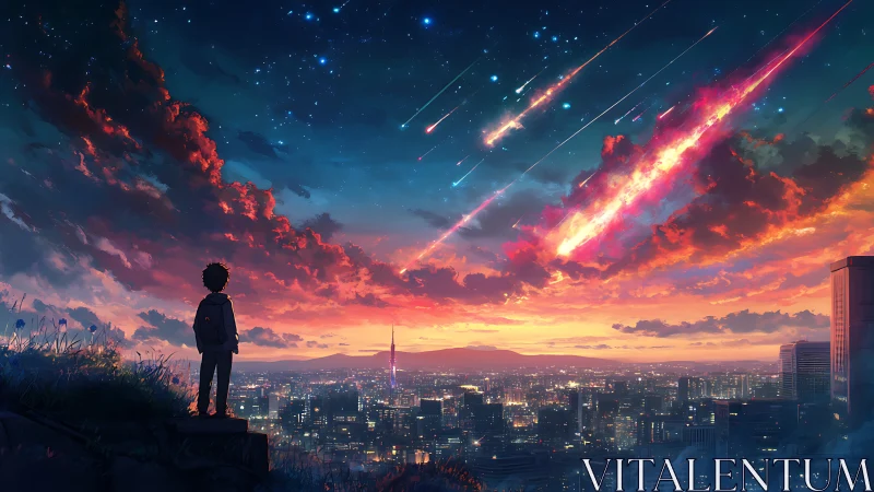 Boy watches blazing meteor shower over illuminated city