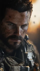 Battle-hardened futuristic soldier stares through chaos.