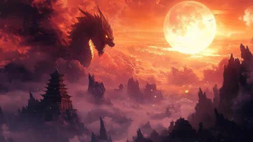Firelit dragon over misty mountains and glowing full moon.
