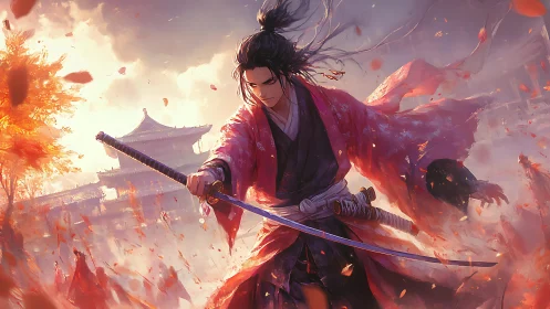 Samurai warrior strides through burning autumn battlefield.