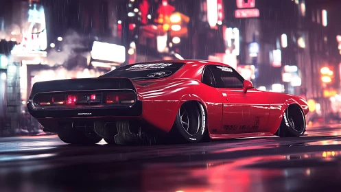 Neon-soaked muscle car prowls through glossy midnight rain.