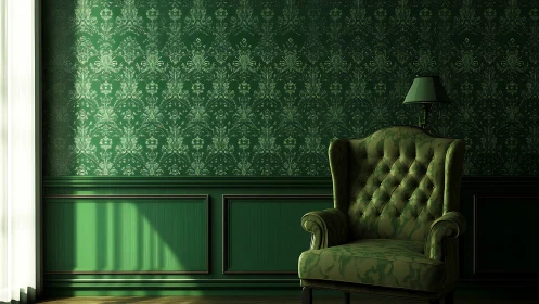 Green tufted armchair stands against patterned wall in light