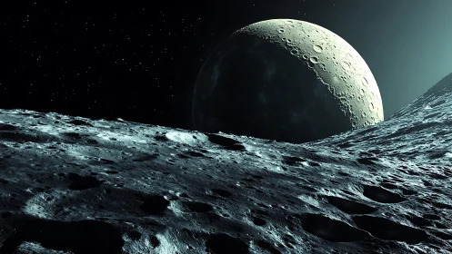 Lunar surface with cratered crescent moon in deep space.