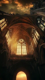 Gothic cathedral nave dramatized by low-angle sunset illumination