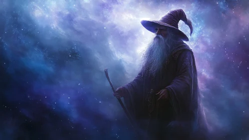 Ethereal wizard silhouette rendered in luminous cosmic nebula