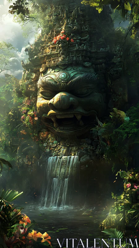 Mystical jungle waterfall pours from an ancient stone guardian