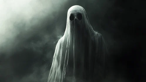 Tall ghostly figure in tattered white sheet in dark mist.