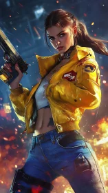 Cyberpunk gunfighter in yellow jacket amid burning city.