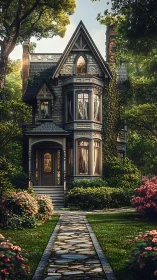 Victorian bay-window house framed by lush, cinematic garden light