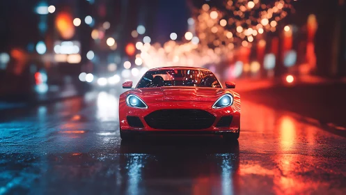 Red sports car is positioned centrally on wet city street