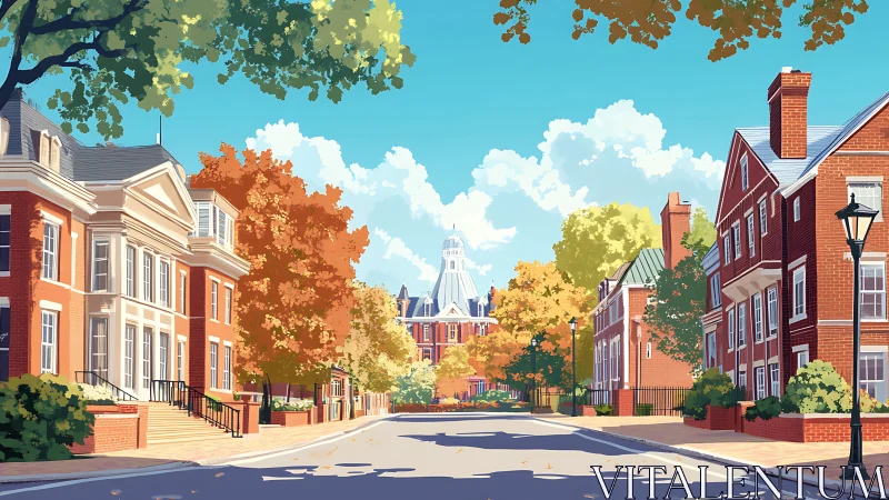 Autumn campus street with red brick townhouses and dome.