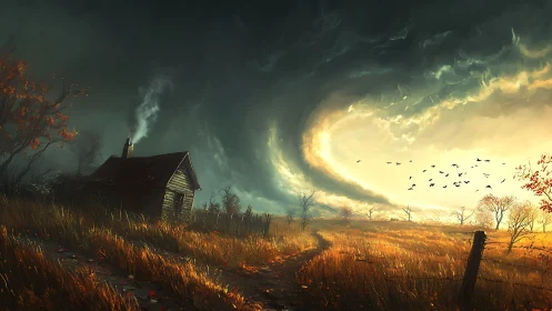 Stormlit farmhouse watches a glowing sky swirl overhead