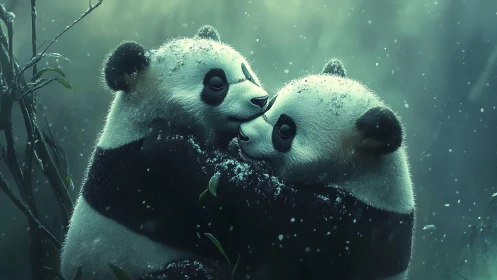 Snow-dusted panda cubs weave a quiet forest love story