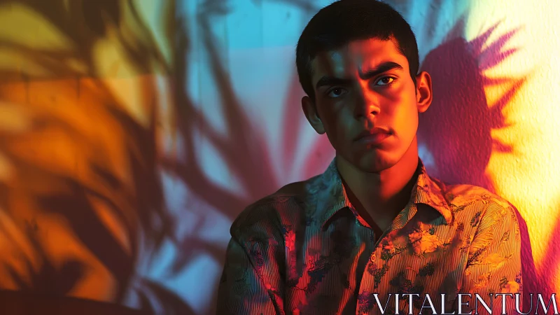 Moody studio portrait under multicolored hard edge gel lighting.