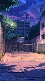 Quiet urban basketball court glows under twilight sky.
