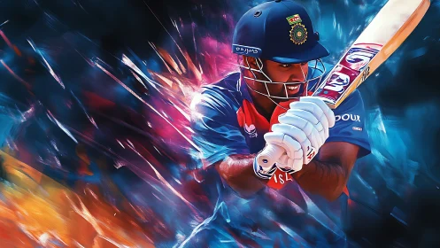 Dynamic digital painting of cricket batsman in bold motion