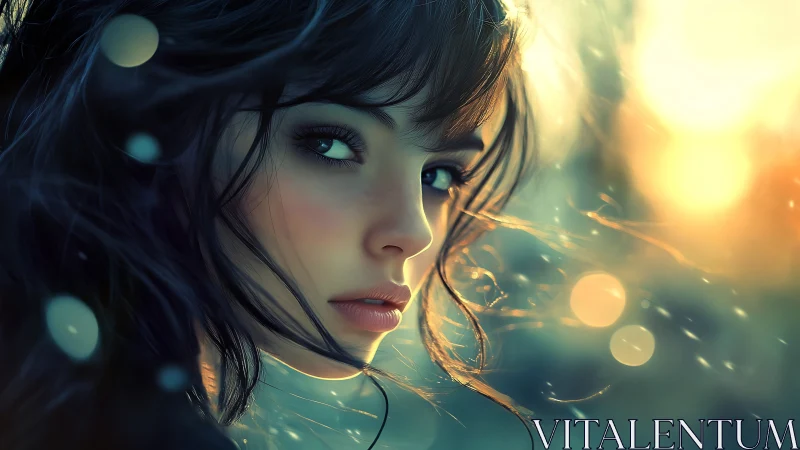 Soft twilight portrait with dreamy light and gentle mystery.