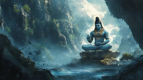 Mountain mist cradles a serene cosmic yogi on lotus throne