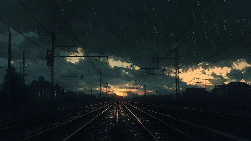 Rainfall over railway tracks at dusk with distant horizon.