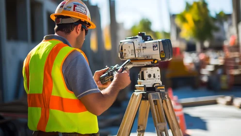 Construction surveyor operates tripod-mounted total station camera