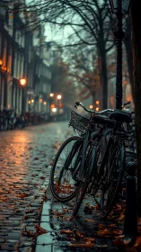 Bicycle on Wet European Street at Dusk