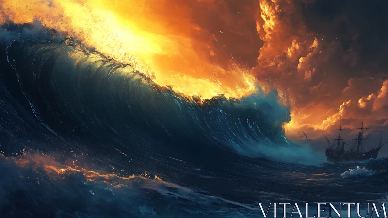 Colossal storm wave engulfing tall ships under blazing sunset