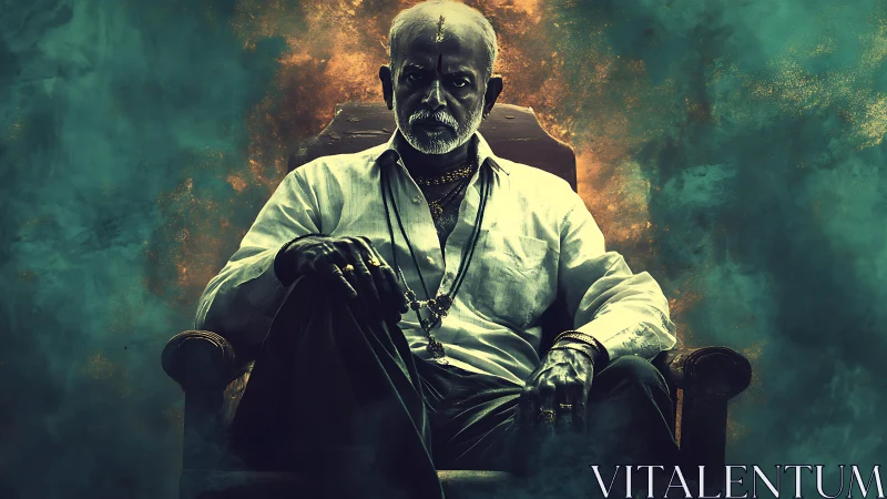 Older man sits on armchair in stylized cinematic lighting