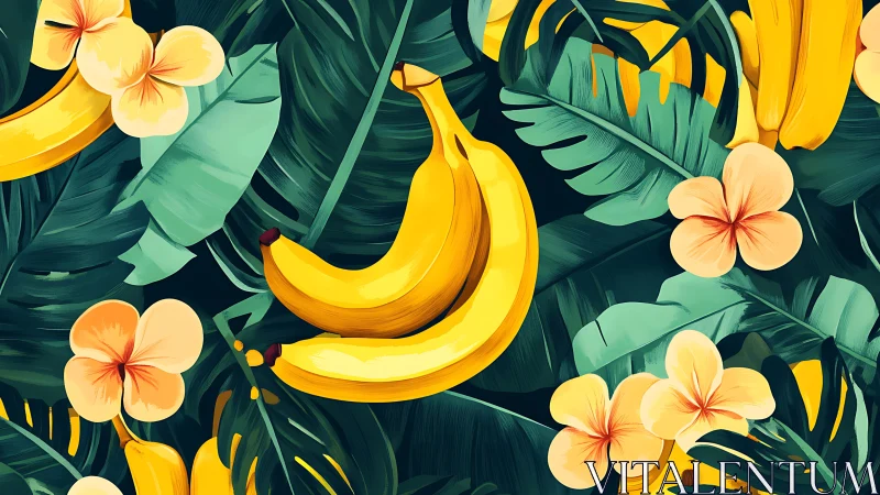 Vibrant digital bananas intertwine with tropical foliage forms