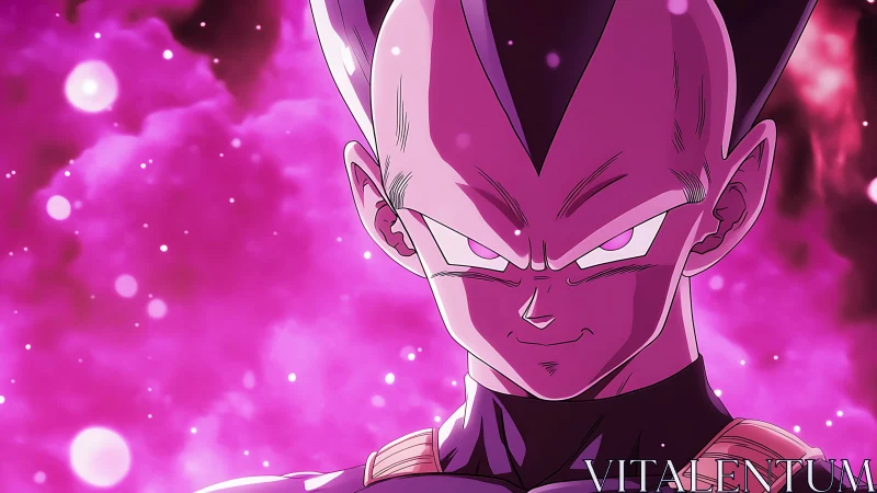 Purple-eyed anime warrior stands against glowing nebula field