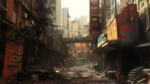 Decayed cyberpunk alleyway rendered in cinematic digital detail