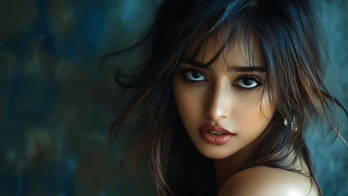 Close facial portrait of woman with teal blurred background.