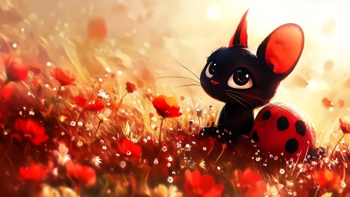 Ladybug-tailed black kitten in glowing poppy meadow at sunset