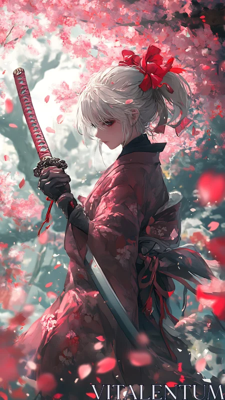 Scarlet petal samurai pauses beneath storming sakura skies.