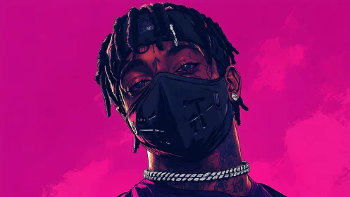 Masked hip hop portrait with bold magenta background.