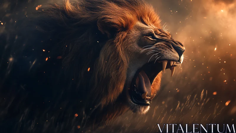 Roaring lion bursts through glowing embers in golden dusk