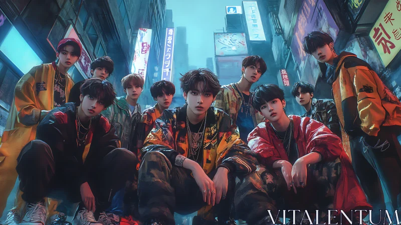 Urban youth group posed in neon lit alley at night scene.