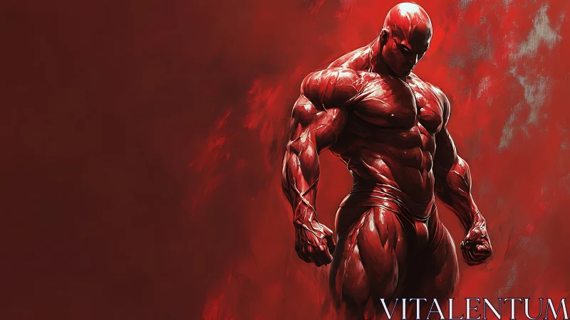 Crimson titan emerging from abstract flames of fury.